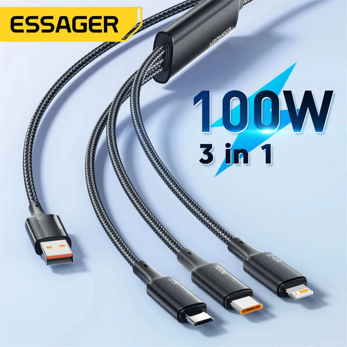 Blue - ESSAGER ES-X50 7A 100W USB-A to Micro/iP/Type-C Cable Fast Charging Data Transmission Copper