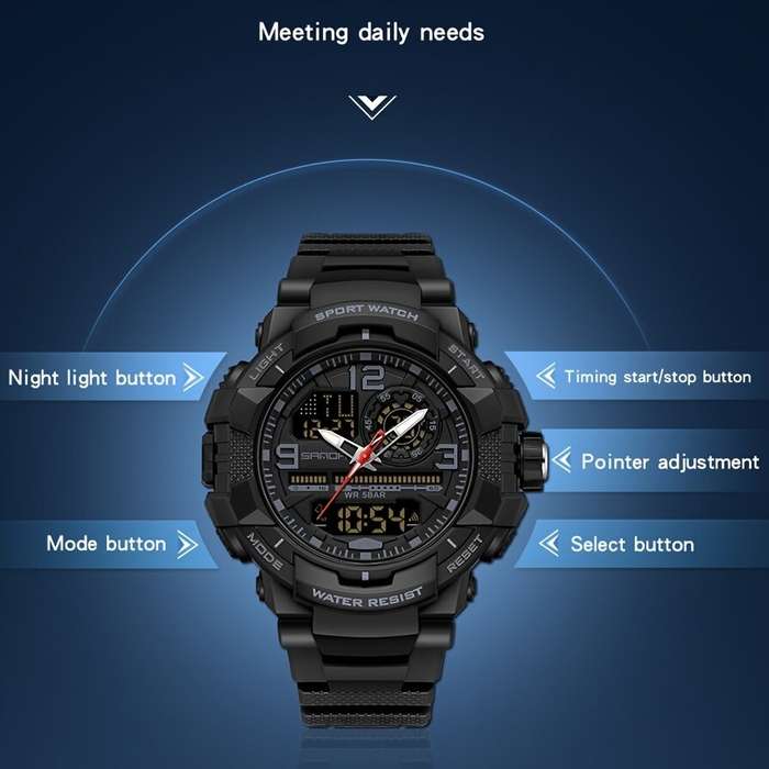 Black - SANDA Men's Dual Display Sports Digital Watches Alarm Clock Day Weeks Multi-functional Lumin