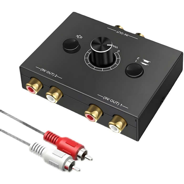 Black - RCA Stereo Audio Bi-Directional Switcher with Mute Button 2X1/1X2 Portable L/R Stereo Audio