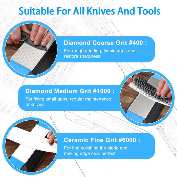 Silver - DMD 3 Side Diamond Sharpening Stone Whetstone 400/1000/6000 Grit for Knife and Tool Sharpen