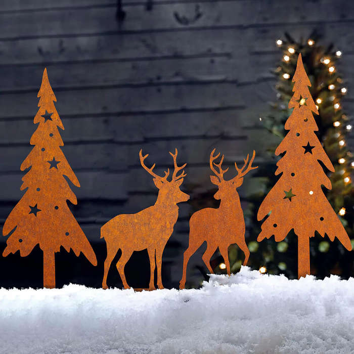 #A - Pack of 4 Rust Stake Christmas Tree and Deer Christmas Decoration Rust Garden Stakes Christmas
