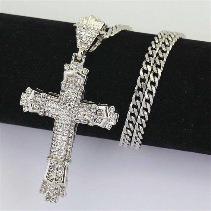 Silver - Rhinestone Cross Pendant Necklace Charm Shiny Zircon Cross Necklace for Men Women Hiphop Ne