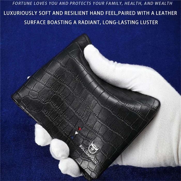 Black - BULLCAPTAIN Business Casual Billfold Cowhide Leather Men Wallet with Gift Box Short Crocodil