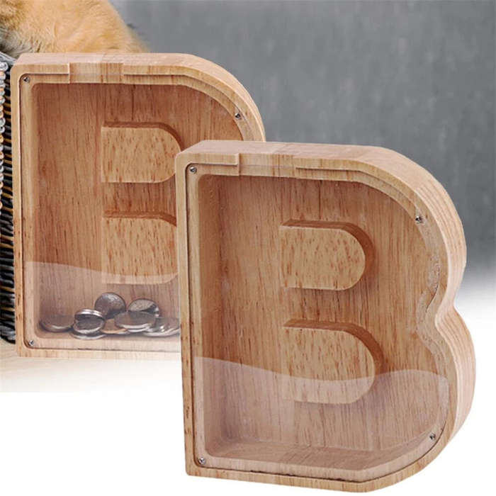 1pc Letter Shaped Piggy Bank Wooden Safe Saving Box Storage Organizer Save Money Transparent Window