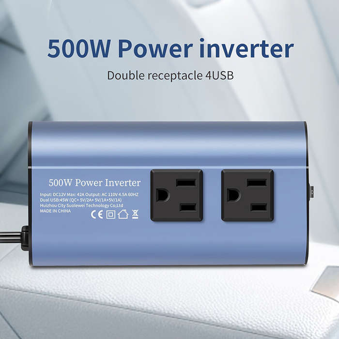Black - 500W Peak Car Power Inverter DC 12V to AC 110V LCD Display Dual AC Outlets 4 USB Car Charger