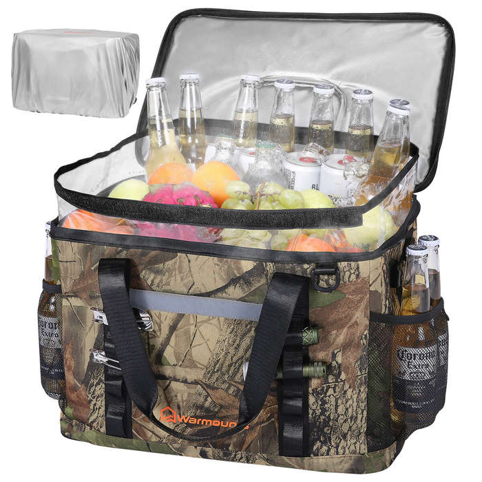 Grey - WARMOUNTS Backpack Cooler Insulated 75 Cans w/ Insulating Cover, Upgraded Leakproof Soft Cool