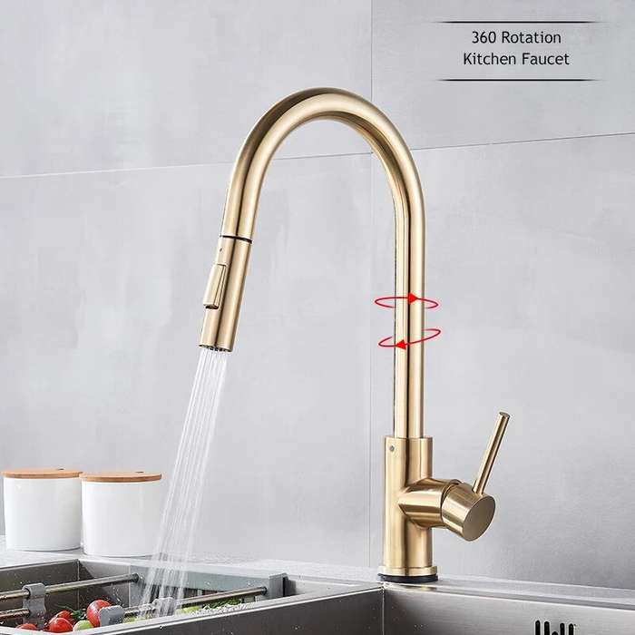 Black - Brushed Gold Pull Out Touch Sensor Kitchen Faucet 360 Rotation Smart Kitchen Faucet Sensor T