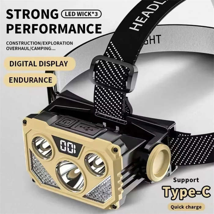Black & Beige - USB Rechargeable Headlamp With Blue Red Light Headlight LED Headlamp Outdoor Camping