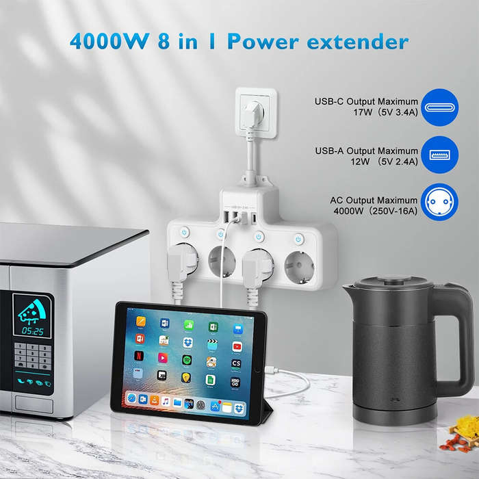 White - 16A 4000W EU Plug Power Strip 4-Way USB Port Electrical Socket Power Strip Individually Swit
