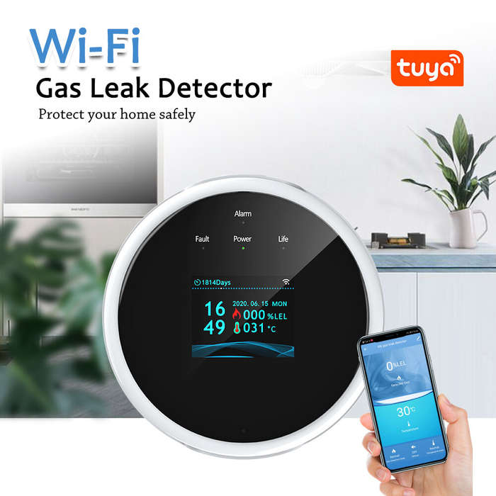 White - Tuya Wi-Fi Gas Leak Detector Natural Gas LPG Alarm Heat Sensor TFT LCD Display Remote Monito