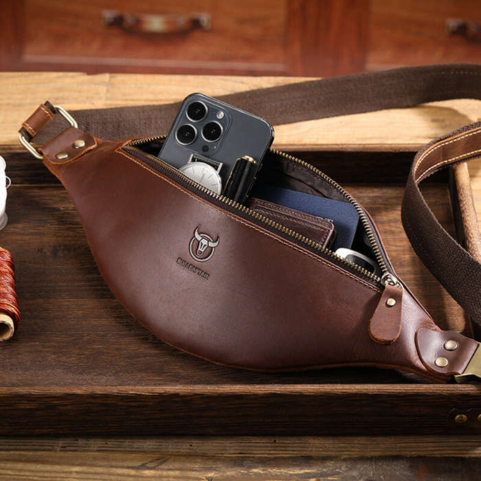 Coffee - BULLCAPTAIN Genuine Leather Men's Belt Bag Crazy Horse Leather Casual Crossbody Bag Classic