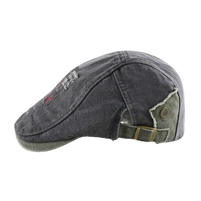 Army Green - Collrown Denim Beret Hat Vintage Casual Flat Hat for Men Embroidery Patchwork Aged Peak