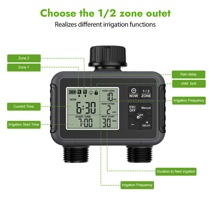 US - SGW07M Irrigation Timer Two Outlet Garden Automatic Watering Controller ABS UV Resistant IP55 F