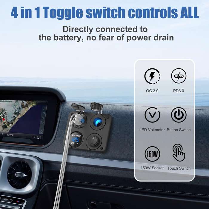 Black - 4 In 1 12V Marine Switch Panel Dual PD30W QC18W Car USB Port Aluminum Charger Lighted 150W C