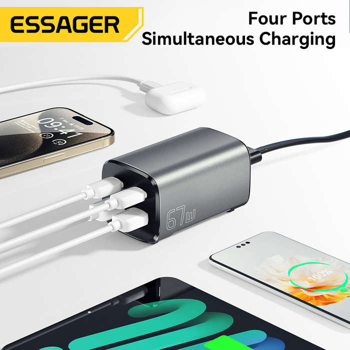EU Plug - [GaN Tech] ESSAGER ES-CD35 67W 4-Port USB PD Charger 2USB-A+2USB-C PD3.0 QC4.0 AFC FCP SCP