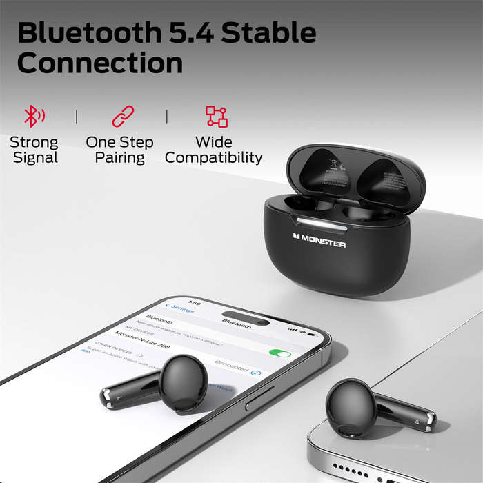 Black - MONSTER N-Lite 208 TWS Earbuds Wireless bluetooth 5.4 Earphone 13mm Driver AAC Audio ENC Cal