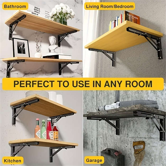 Black - 8inch Stainless Steel Folding Shelf Brackets Heavy Duty 90 Degree Wall Mount Space Saving Su