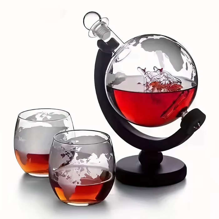 Type 1 - Creative Globe Decanter Set with Lead-free Carafe Exquisite Wood-stand 2 Glasses Whiskey De