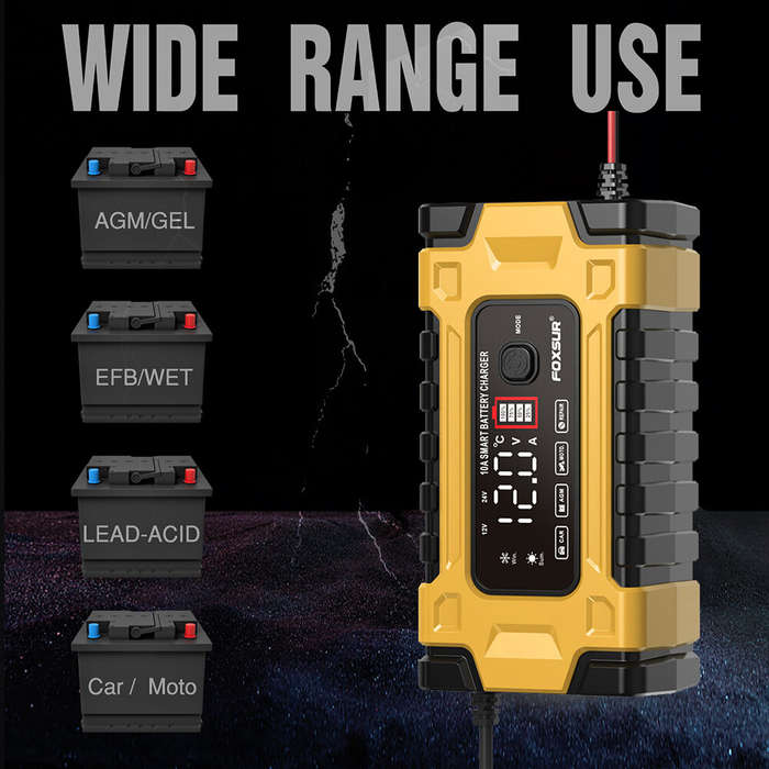 Yellow - FOXSUR 12V 24V 10A Battery Charger with Intelligent Repair Screen Display for Cars and Moto