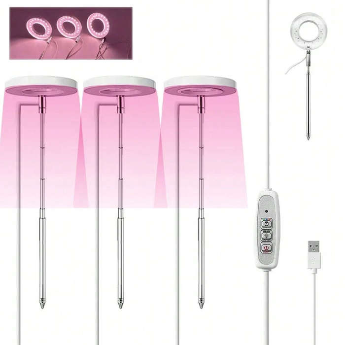 3 Heads - 1 To 3 Angel Ring USB Plant LED Light with 3 Lamp Heads 2/4/8 Hours Switch Timer 4 Level B