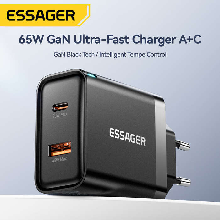 US Plug - ESSAGER ES-CD43 65W 2-Port USB PD Charger USB-A+USB-C QC4.0/3.0/2.0 PD3.0/2.0 FCP SCP DCP