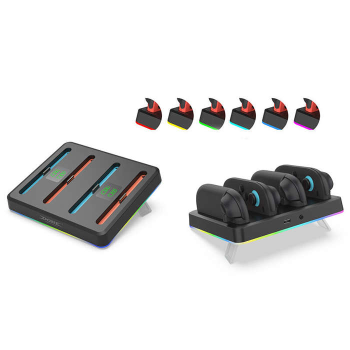 Black - DOBE TNS-3160 Switch2 4-Controller Charging Dock RGB Lighting Wall Mountable Gaming Accessor