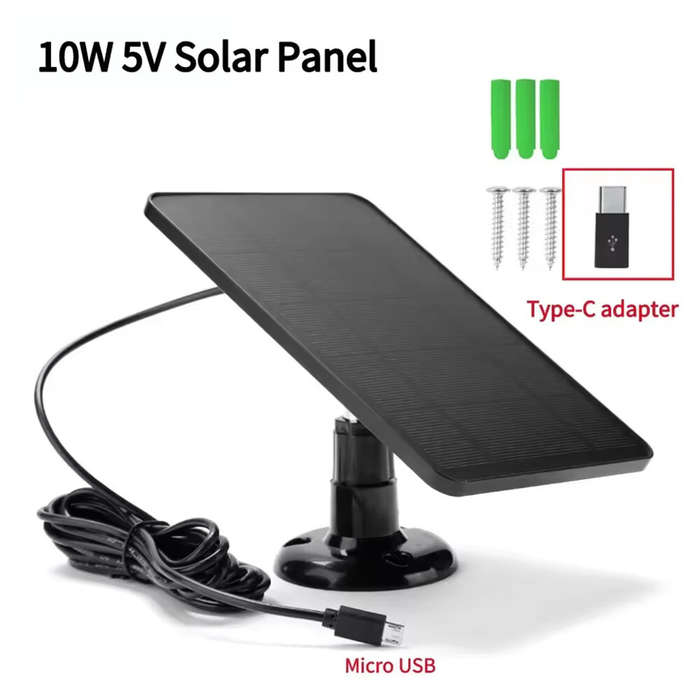 Black - 10W 5V Solar Panel 2in1 Micro USB+ Type Solar Panel Outdoor Solar Battery Charger Security C