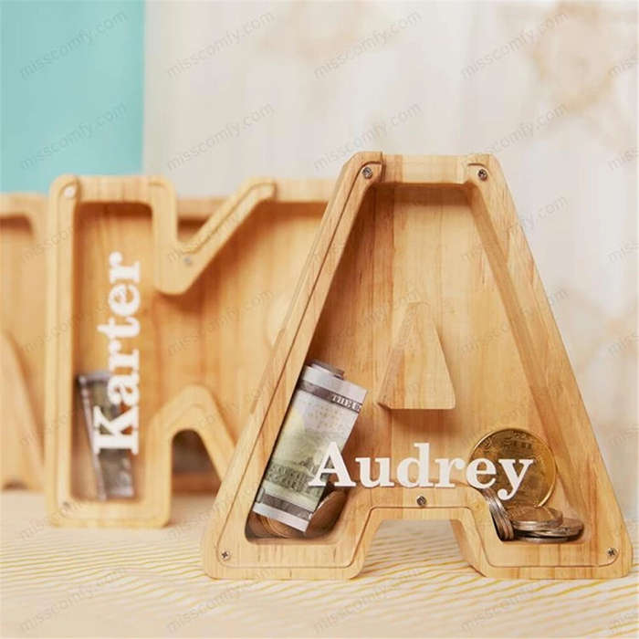 1pc Letter Shaped Piggy Bank Wooden Safe Saving Box Storage Organizer Save Money Transparent Window