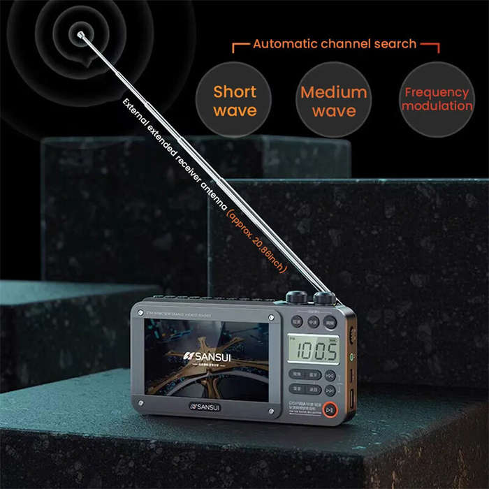 Grey - SANSUI F50 Portable FM Radio 4.3-inch Display Wireless bluetooth Speaker Built-in 2.5 inch Ma