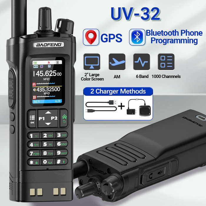 Black - Baofeng UV32 GPS 10W Long Range Walkie Talkie bluetooth Phone APP Programming Multi-band Wir