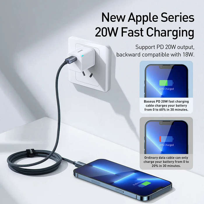 1.2M - Baseus Crystal Series PD20W Type-C to iP Cable Fast Charging Data Transmission Tinned Copper