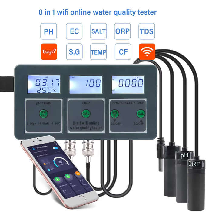 EU Plug - 8 in 1 Tuya WiFi Smart PH Meter Data Logger Temp TDS Salinity S.G. EC ORP Water Tester Mon