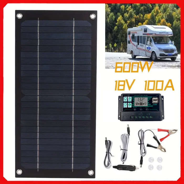 Black - High Efficiency 600W Solar Panel Charger Monocrystalline Silicon Portable Kit 100A Charge Co