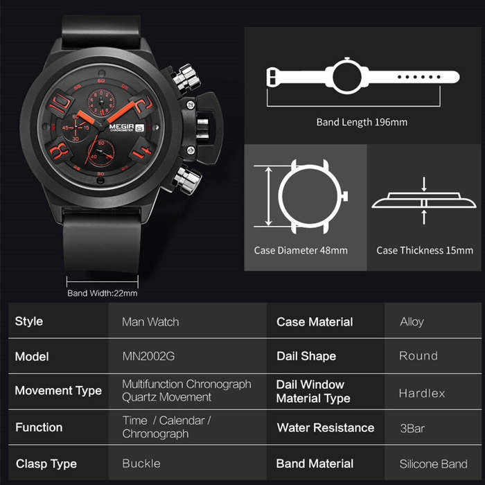 Black - MEGIR Men Multi-functional Watch Sports Chronograph Wristwatch Waterproof Calendar Quartz Wa