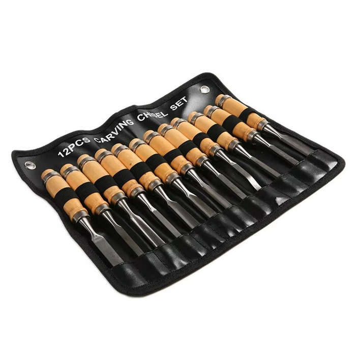 #A - 12PCS Wood Carving Chisel Set Alloy Steel Blades 8 Inches Polished Finish Chrome Ferrules Ergon