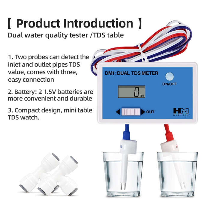 Blue - Dual Probe DM-1 Water Quality Tester 0-9990PPM LCD Display TDS Meter Compact Design Accurate
