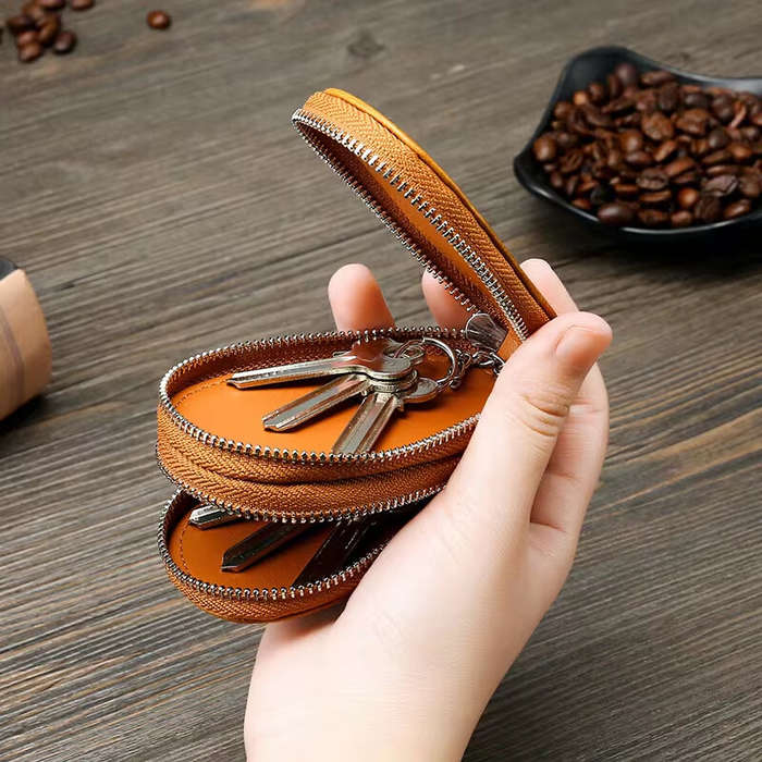 Coffee - Ekphero Men Genuine Leather Mini Car Key Case Minimalist Zipper Key Holder Storage Bag for