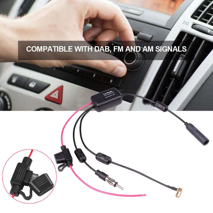 Black - DAB+FM+Car Stereo Antenna Aerial Splitter Cable Adapter 12V Radio Signal Amplifier Antenna S