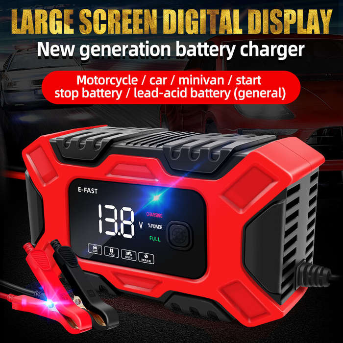 EU Plug - E-FAST 12V 6A Large Screen Digital Display Battery Charger Pulse Repair for Car Motorcycle
