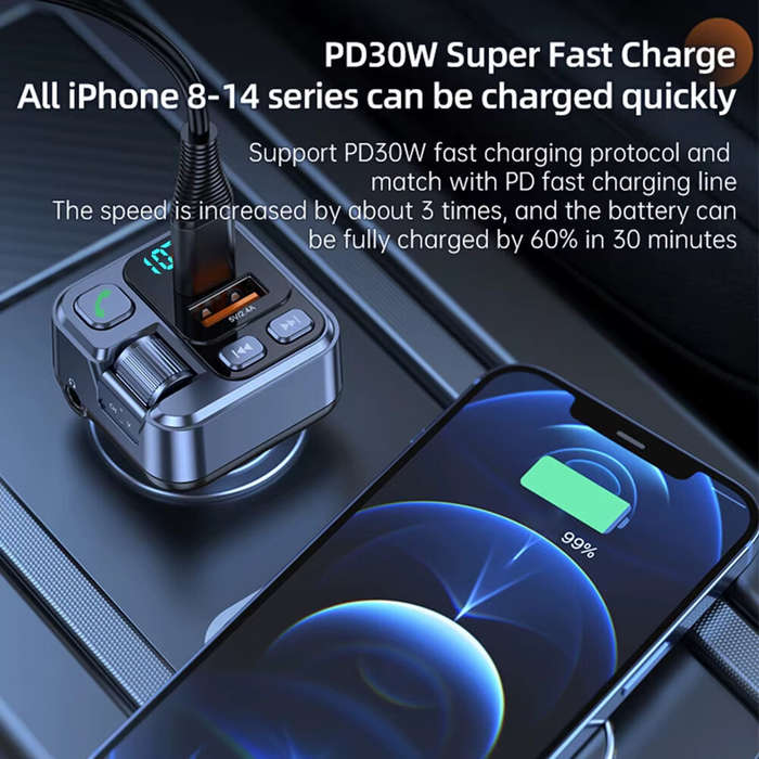 Black - Car Bluetooth Receiver USB U Disk Read PD20W Fast Charging Digital Display Car Mobile Phone