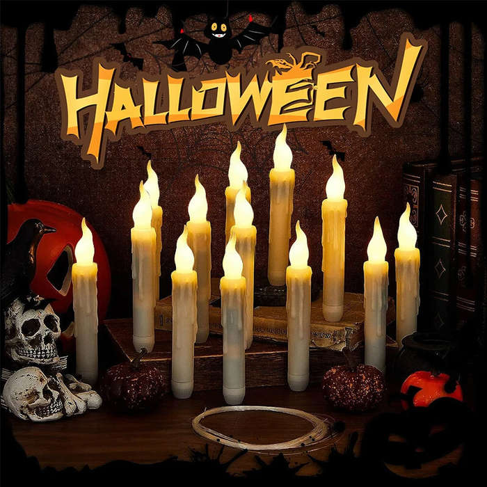 White - 12 Pack Halloween Floating Candles With Wand Remote Control Led Flame Loose Flickering Candl