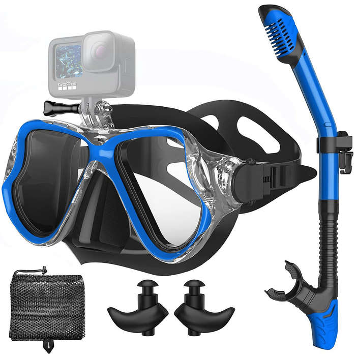 Black - Snorkeling Gear For Adults 3 in 1 Adult Snorkel Set with Camera Mount &Earplugs 100% Dry Top