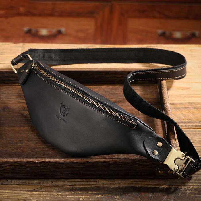 Coffee - BULLCAPTAIN Genuine Leather Men's Belt Bag Crazy Horse Leather Casual Crossbody Bag Classic