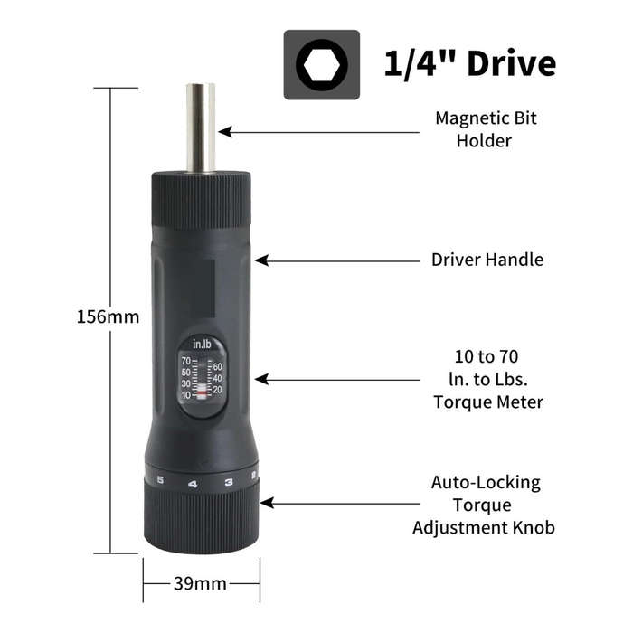 A Set - SHSIWI YSQ-70 Torque Screwdriver Adjustable 10-70 in-lb with 10 Bits 1/4 Drive Precision Too