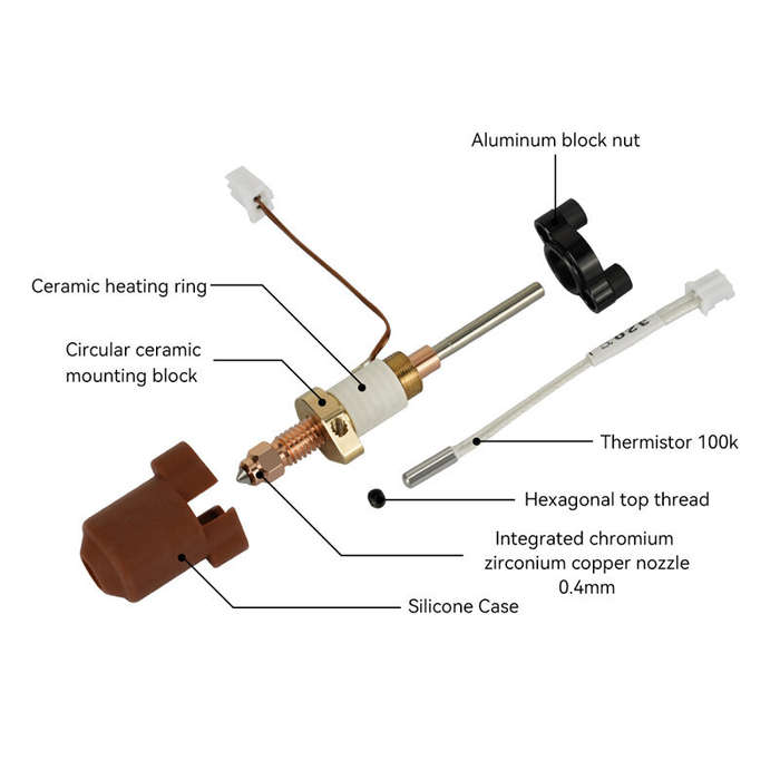 K1C Ceramic Heating Hotend Kit 0.4mm Nozzle 300C High Temp Hardened Steel Chromium Zirconium Copper