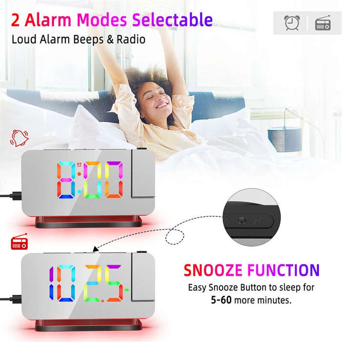 White - 180 Rotation RGB Colorful Night Light Radio Projection Clock Projection Digital Alarm Clock