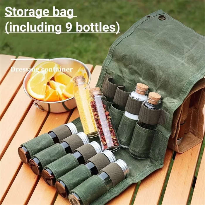Khaki - IPRee Reliable Outdoor Camping Spice Bottle Storage Bag Free with 9pcs Glass Spice Bottle St