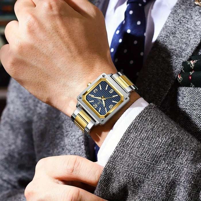 Gold+Green - POEDAGAR Luxury Fashion Men's Square Business Quartz Watch Waterproof Luminous Stainles