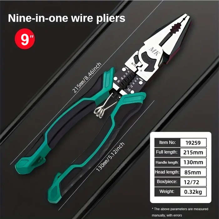 9 Inch 9 in 1 Multifunctional Plier Industrial Grade Wire Stripper Shears Vise Ergonomic Design Labo