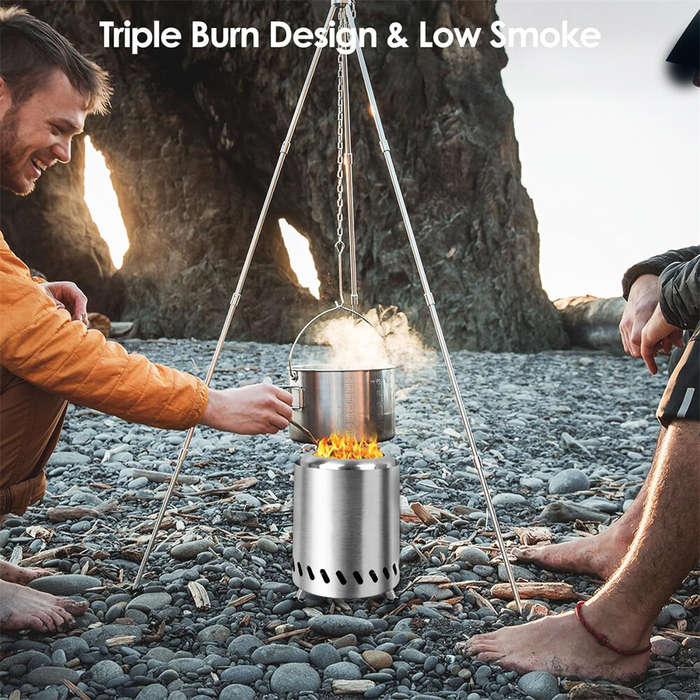 Silver - IPRee Outdoor Stainless Steel Firewood Stove Heater Camping Smokeless Fire Pit Furance Port